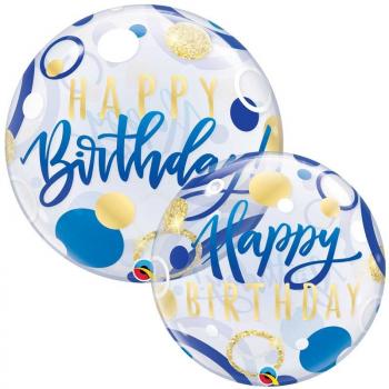 BALLON BUBBLE BIRTHDAY POIS BLEU ET OR 22"56CM